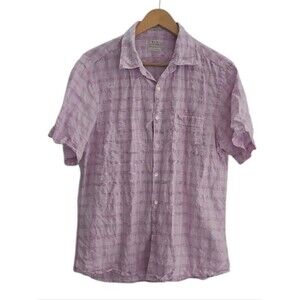Richards 100% Linen Shirt Men L Pink Plaid Short Sleeve Coastal Resort Vacation